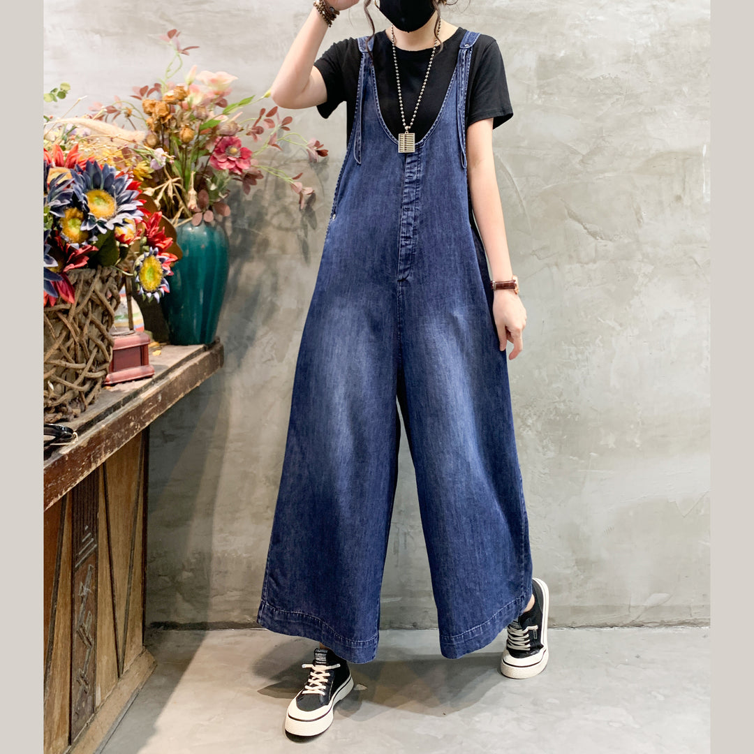 Casual Blue V Neck Cotton wide leg pants Denim Jumpsuits Spring