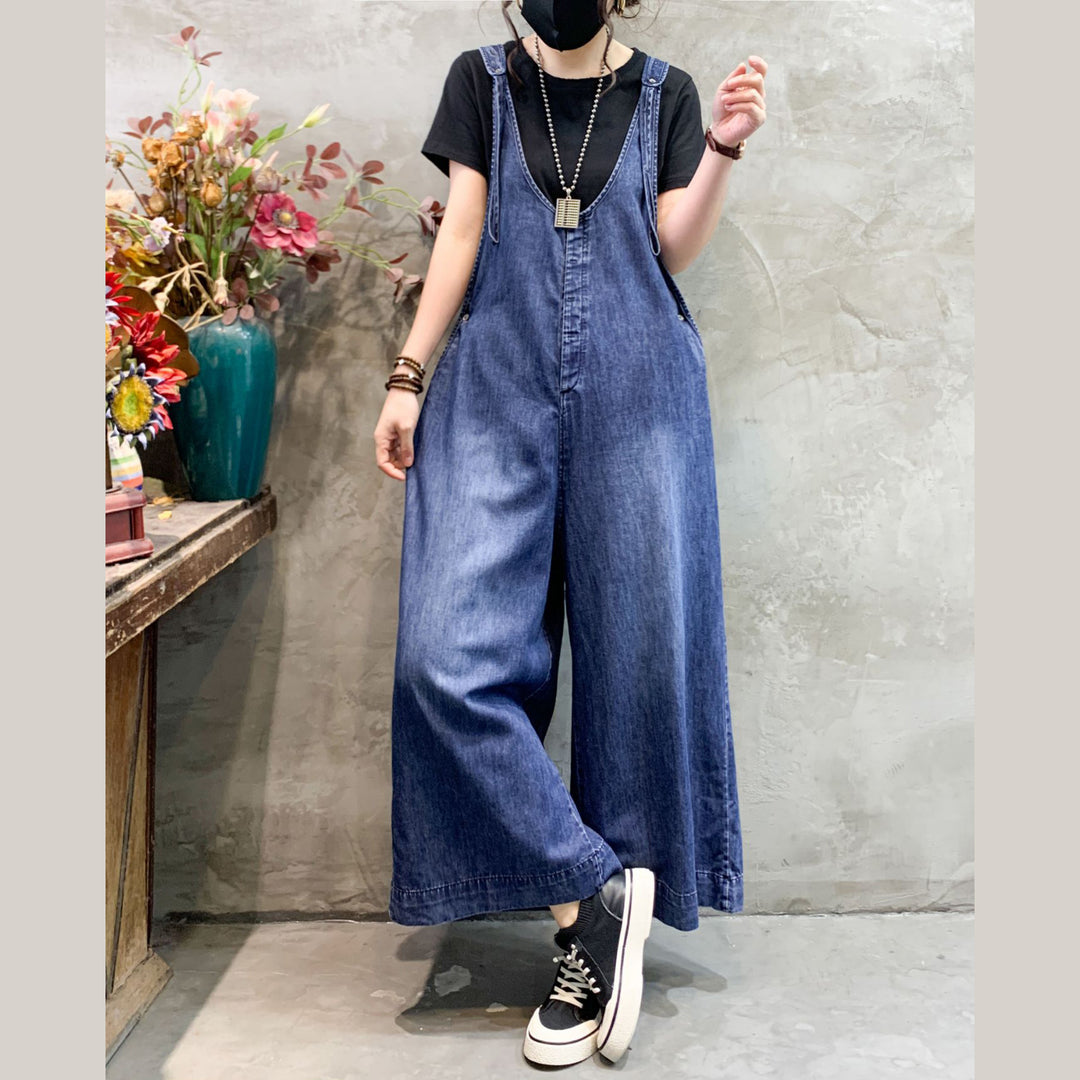 Casual Blue V Neck Cotton wide leg pants Denim Jumpsuits Spring