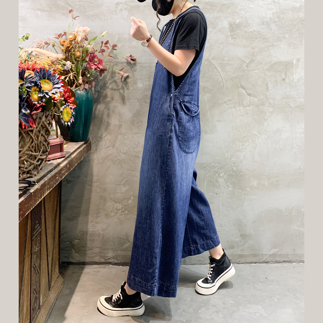 Casual Blue V Neck Cotton wide leg pants Denim Jumpsuits Spring