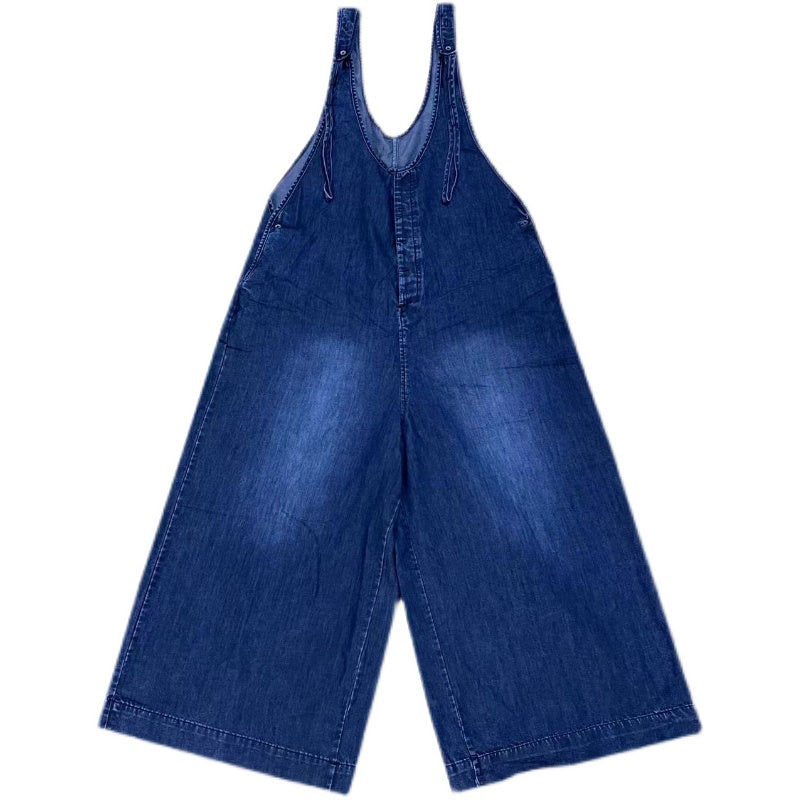Casual Blue V Neck Cotton wide leg pants Denim Jumpsuits Spring