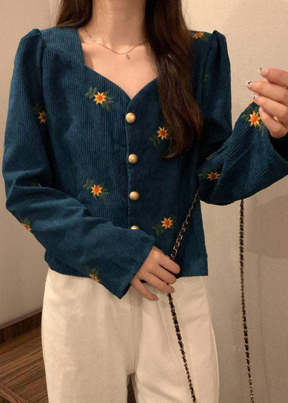 Casual Blue V Neck Embroideried Corduroy coats Long Sleeve