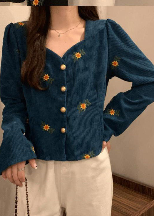 Casual Blue V Neck Embroideried Corduroy coats Long Sleeve