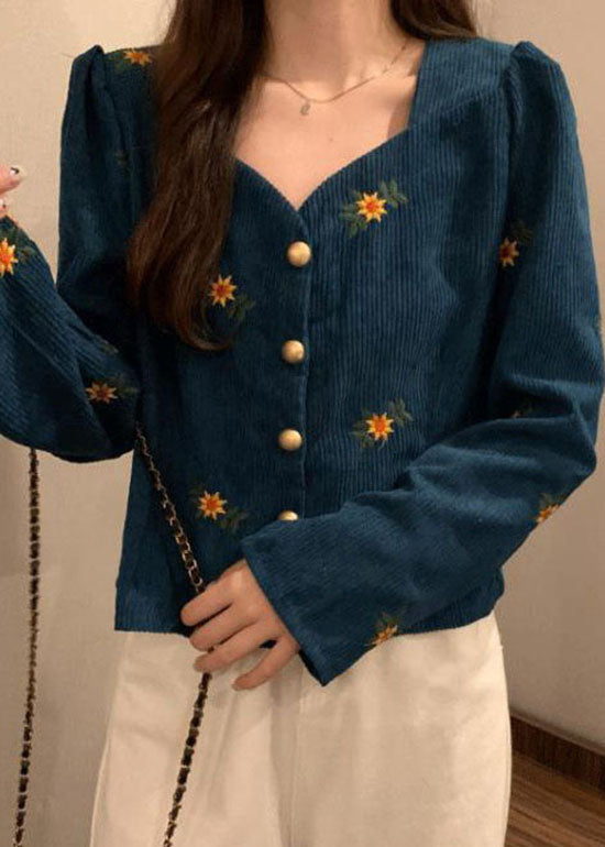 Casual Blue V Neck Embroideried Corduroy coats Long Sleeve