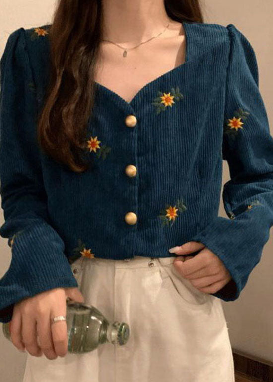 Casual Blue V Neck Embroideried Corduroy coats Long Sleeve