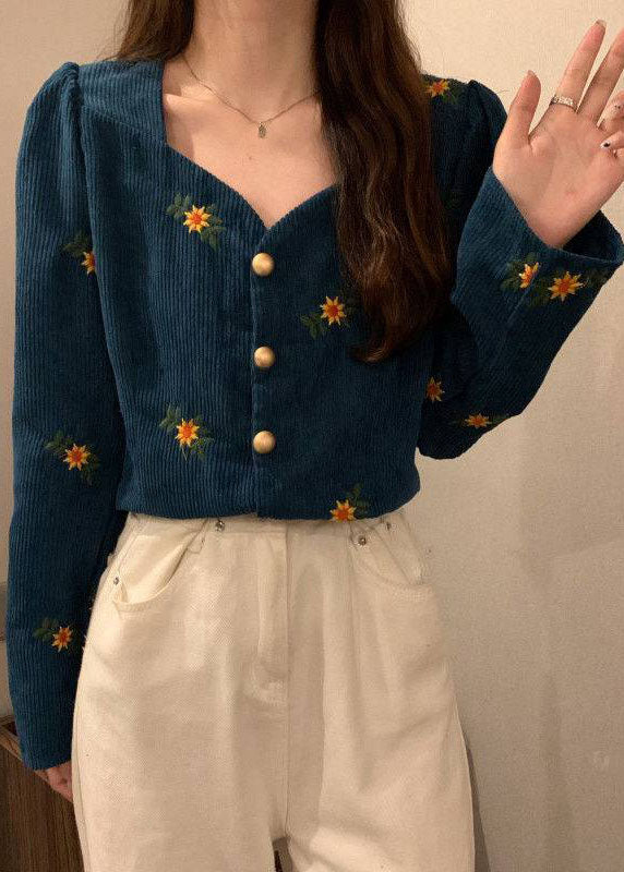 Casual Blue V Neck Embroideried Corduroy coats Long Sleeve