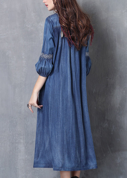 Casual Blue V Neck Embroideried Cotton Vacation Dresses lantern sleeve