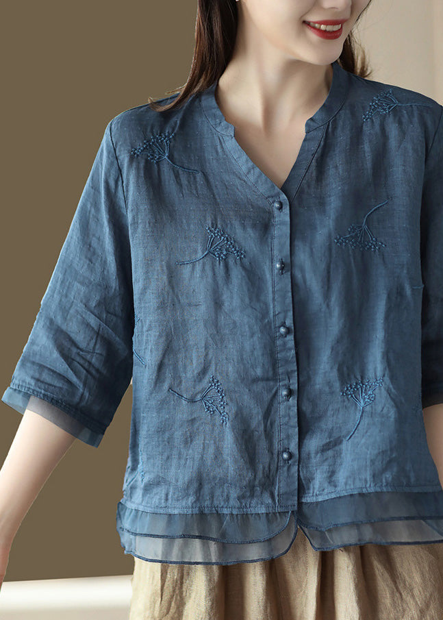 Casual Blue-print1 V Neck Embroideried Solid Ramie Shirt Half Sleeve