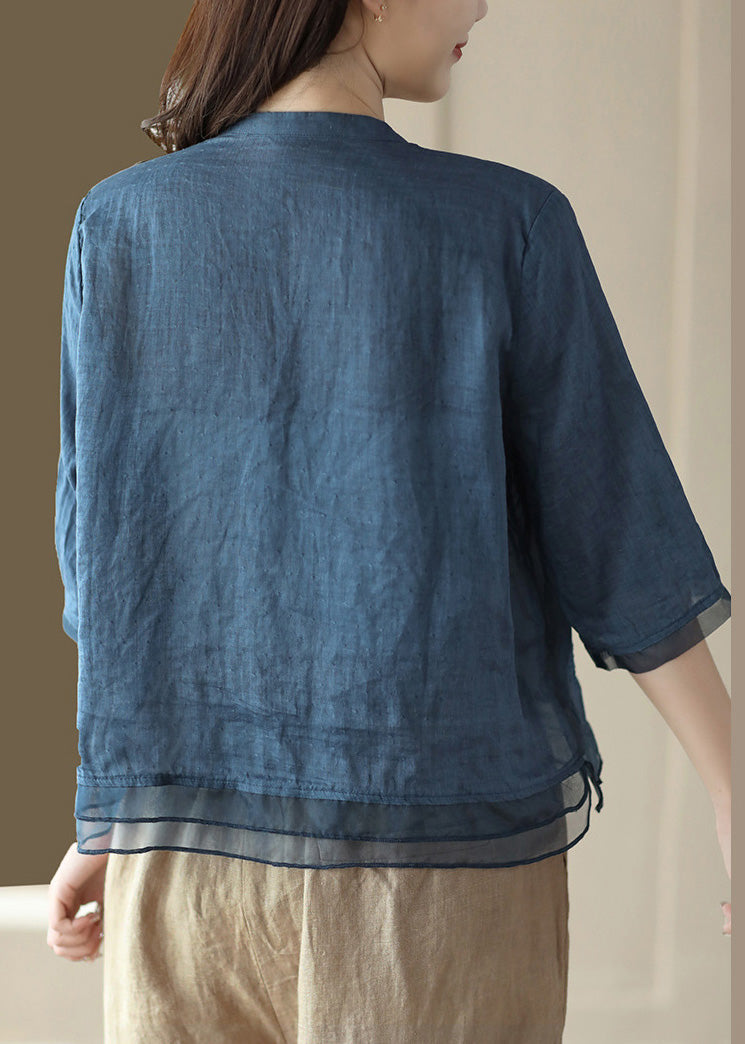 Casual Blue-print2 V Neck Embroideried Solid Ramie Shirt Half Sleeve