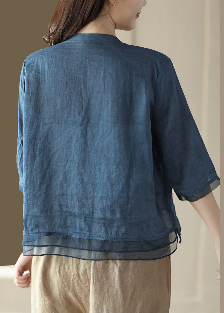 Casual Blue-print1 V Neck Embroideried Solid Ramie Shirt Half Sleeve