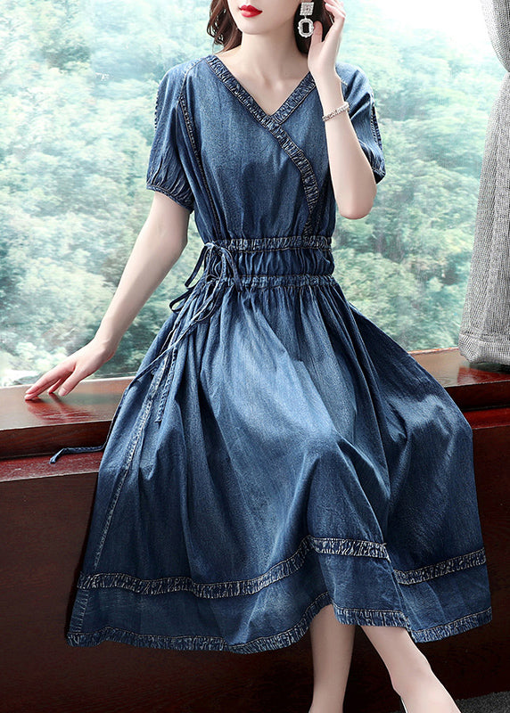 Casual Blue V Neck Patchwork Cotton Denim Pleated Cinch Dress Short Sleeve