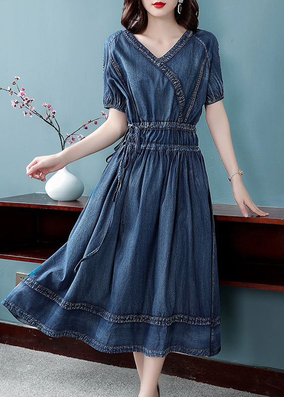 Casual Blue V Neck Patchwork Cotton Denim Pleated Cinch Dress Short Sleeve