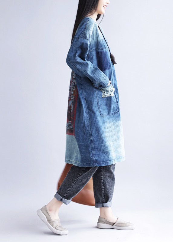 Casual Blue V Neck Ripped Pockets Print Cotton Denim Trench Spring