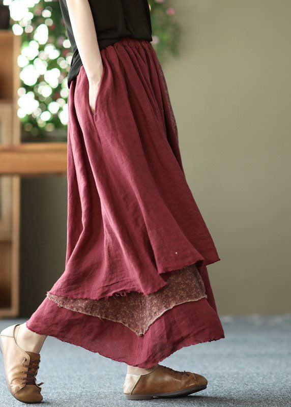 Casual Brick Red Print Asymmetrical Patchwork Cotton Skirt Spring