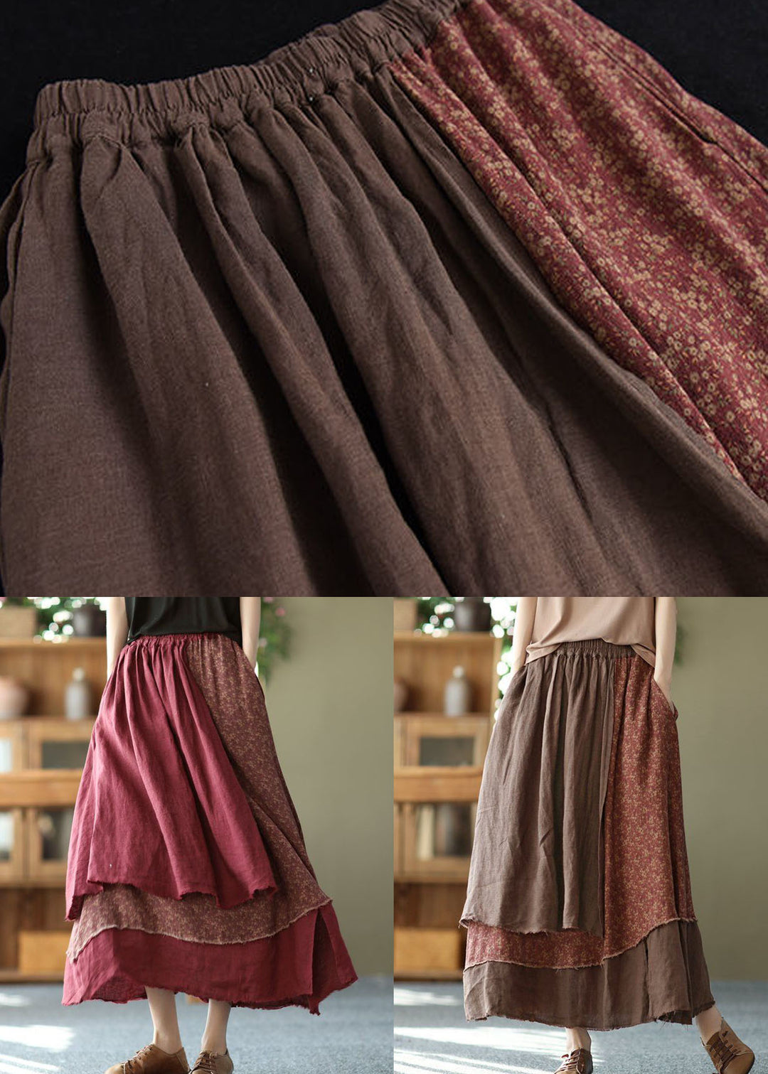 Casual Brick Red Print Asymmetrical Patchwork Cotton Skirt Spring