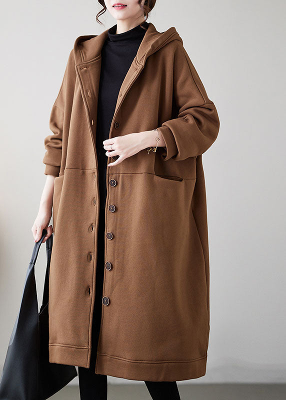 Casual Camel Button Warm Fleece Thick Hoodie Maxi Coat Winter