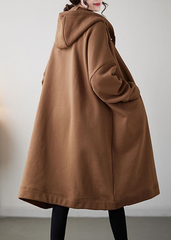 Casual Camel Button Warm Fleece Thick Hoodie Maxi Coat Winter