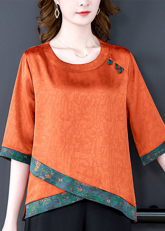 Casual Caramel O-Neck low high design Silk Tops Half Sleeve