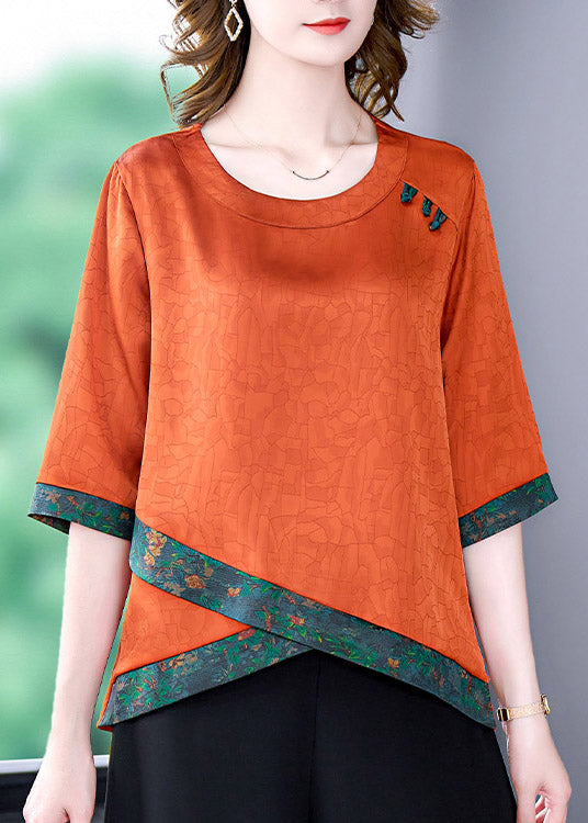 Casual Caramel O-Neck low high design Silk Tops Half Sleeve