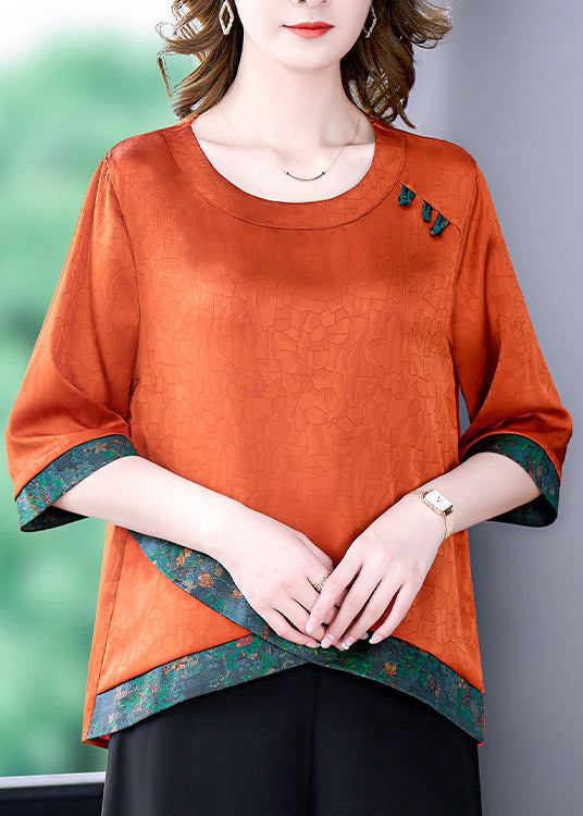 Casual Caramel O-Neck low high design Silk Tops Half Sleeve