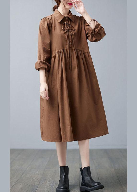 Casual Caramel Peter Pan Collar Patchwork Button Fall Vacation Dresses Long sleeve - Omychic