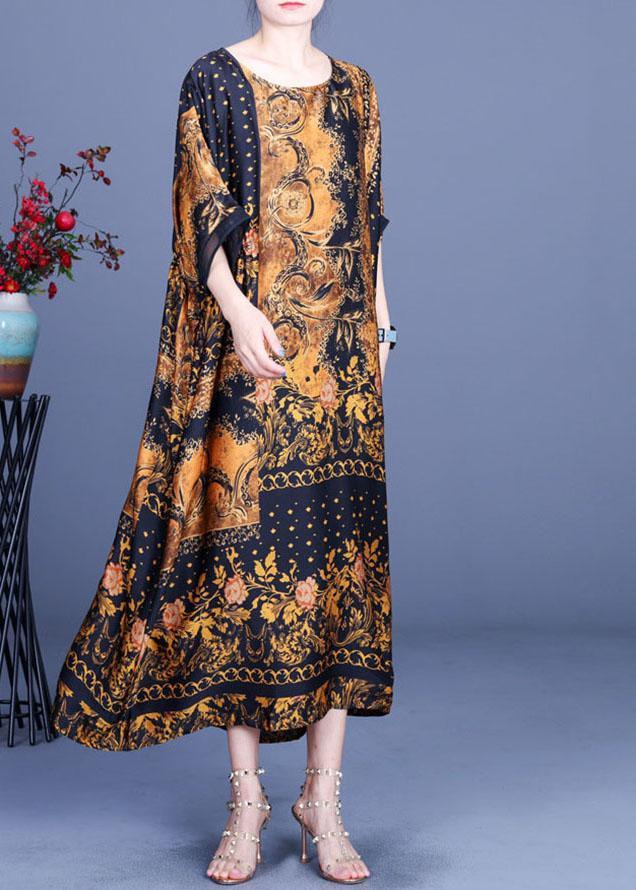 Casual Chocolate Print O-Neck Silk Summer Party Dress - Omychic
