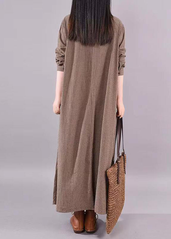 Casual Coffee O Neck Plaid Patchwork Cotton Long Dress Fall