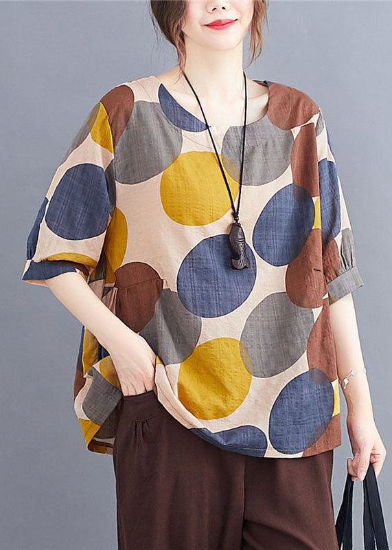 Casual Coffee O Neck Print Patchwork Cotton T Shirts