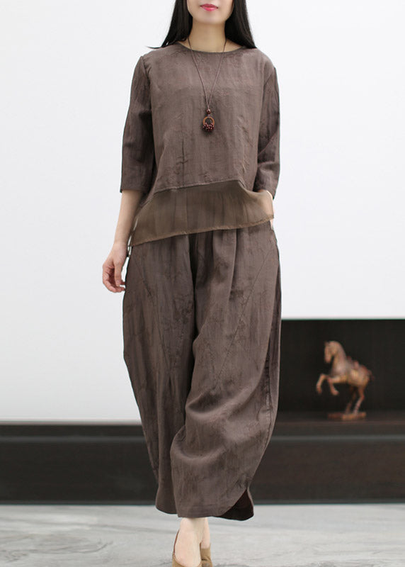Casual Coffee O-Neck Silk Patchwork Linen Shirts And Wide Leg Pants Two Pieces Set Spring