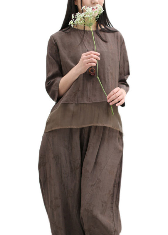 Casual Coffee O-Neck Silk Patchwork Linen Shirts And Wide Leg Pants Two Pieces Set Spring