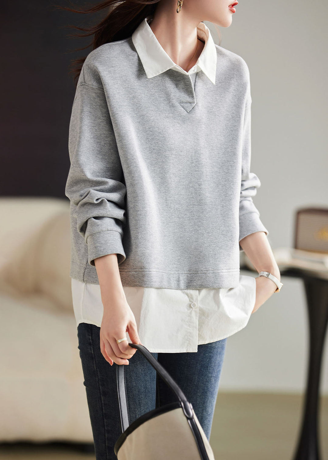 Casual Coffee Peter Pan Collar Patchwork Fake Two Pieces Pullover Long Sleeve