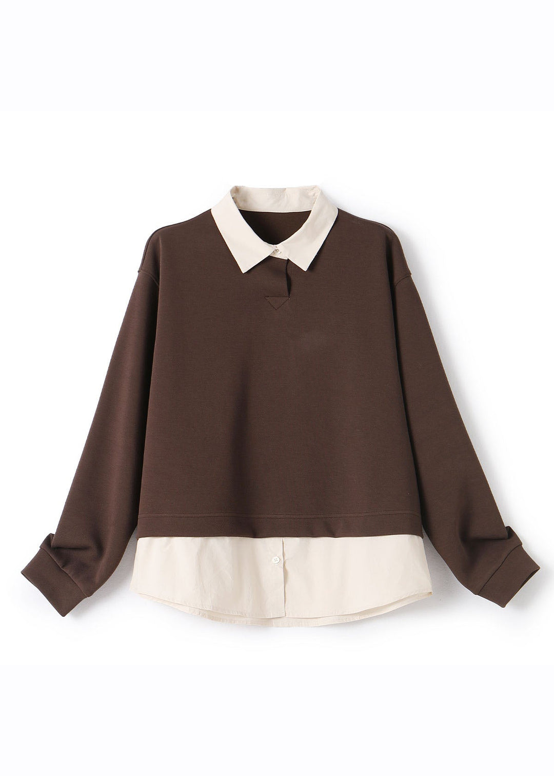 Casual Coffee Peter Pan Collar Patchwork Fake Two Pieces Pullover Long Sleeve