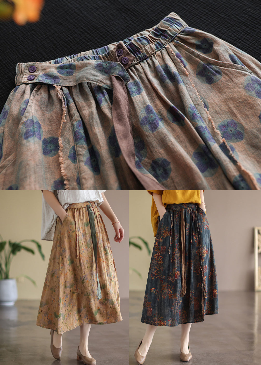 Casual Coffee Print Patchwork Linen Skirts Spring