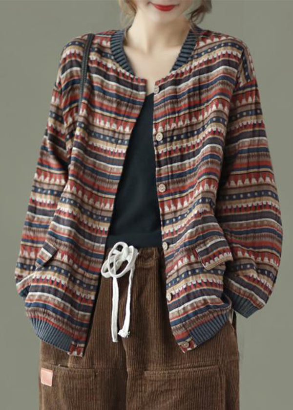 Casual Coffee Striped Pockets Patchwork Cotton Coat Fall