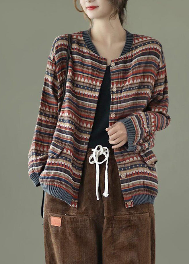 Casual Coffee Striped Pockets Patchwork Cotton Coat Fall