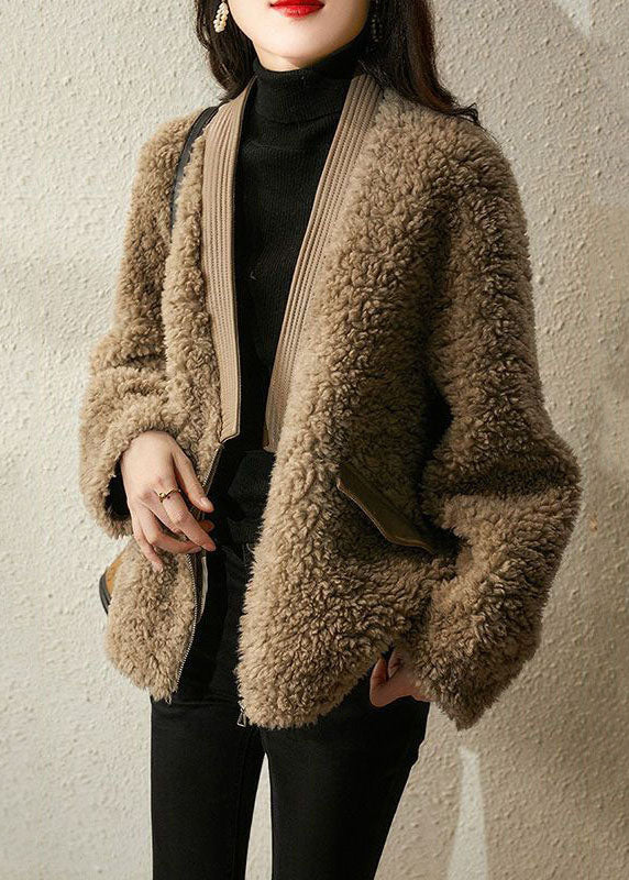 Casual Coffee V Neck Patchwork Tedd Faux Fur Coats Winter