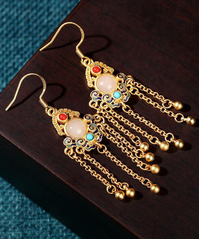 Casual Colorblock Ancient Gold Jade Turquoise Tassel Drop Earrings