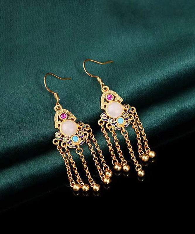 Casual Colorblock Ancient Gold Jade Turquoise Tassel Drop Earrings