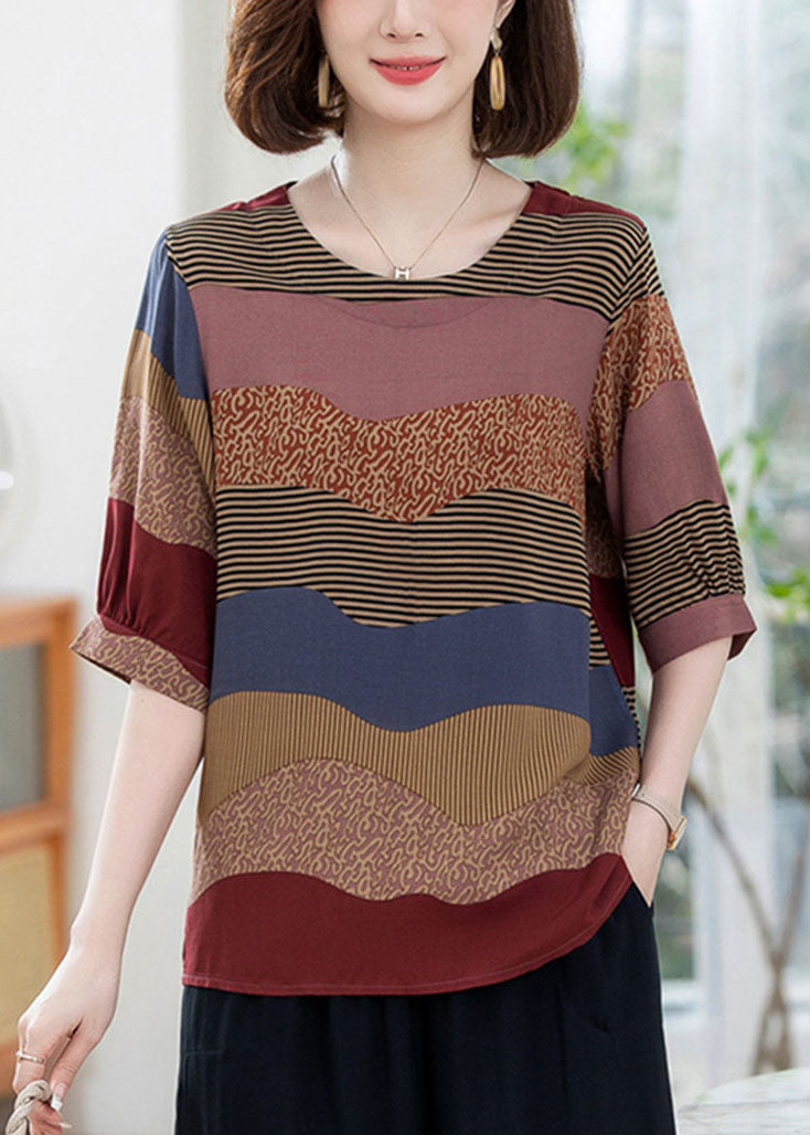 Casual Colorblock O Neck Print Patchwork Cotton T Shirt Summer