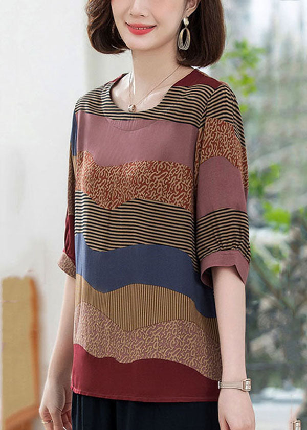 Casual Colorblock O Neck Print Patchwork Cotton T Shirt Summer