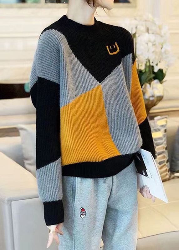 Casual Colorblock O Neck Thick Patchwork Knit Sweaters Fall