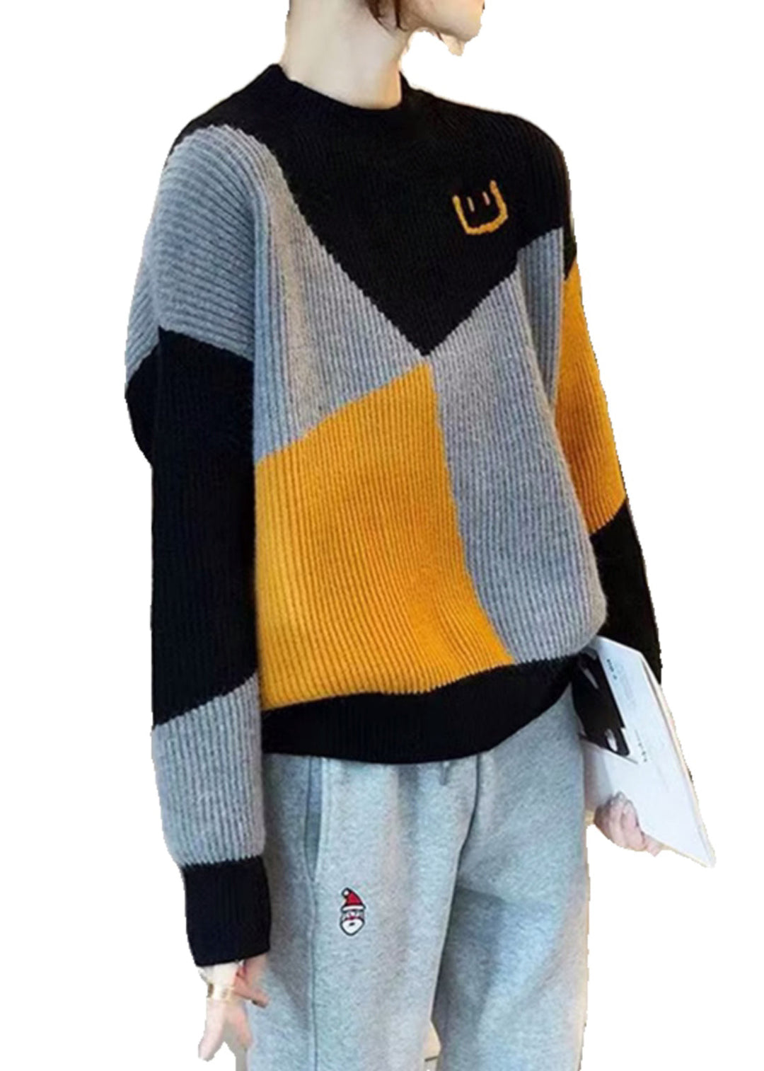 Casual Colorblock O Neck Thick Patchwork Knit Sweaters Fall