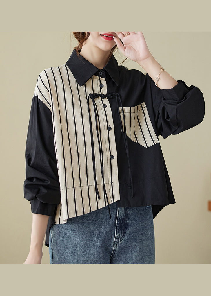 Casual Colorblock Striped Tasseled Patchwork Cotton Shirt Top Fall