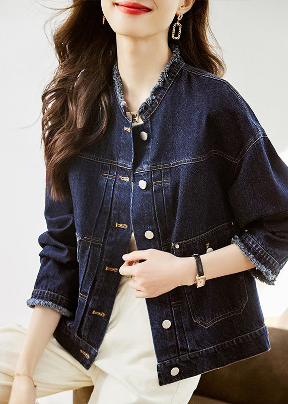 Casual Dark Blue O-Neck Pockets Patchwork Denim Coats Fall