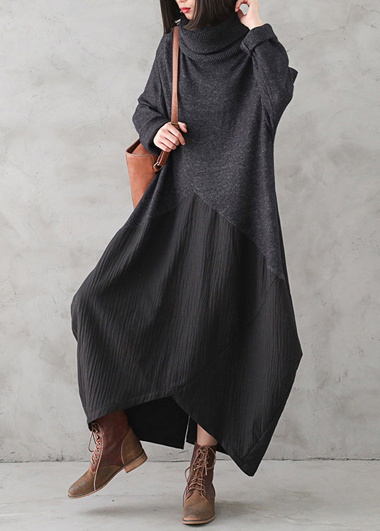 Casual Dark Gray Turtleneck Button Linen Patchwork Knit Long Dress Fall