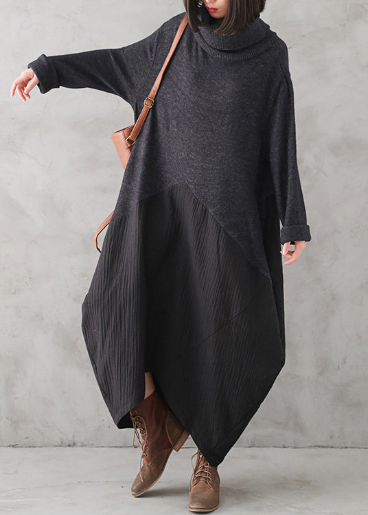 Casual Dark Gray Turtleneck Button Linen Patchwork Knit Long Dress Fall