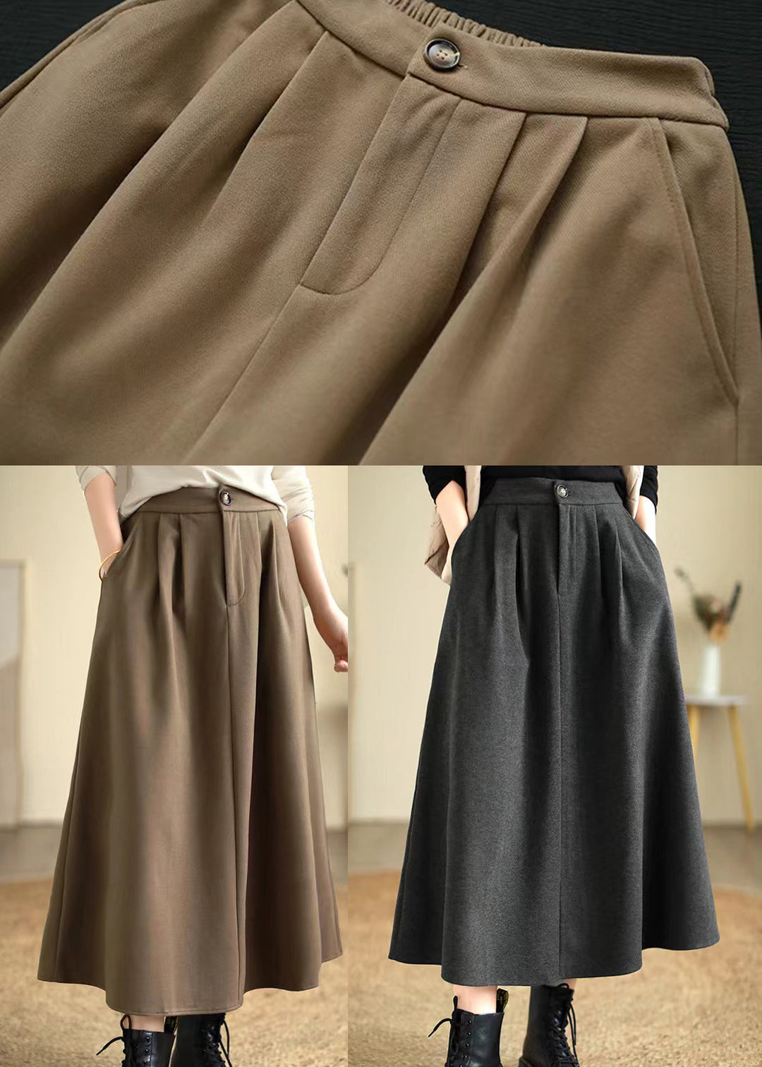 Casual Dull Grey Elastic Waist Thick Woolen Skirts Spring