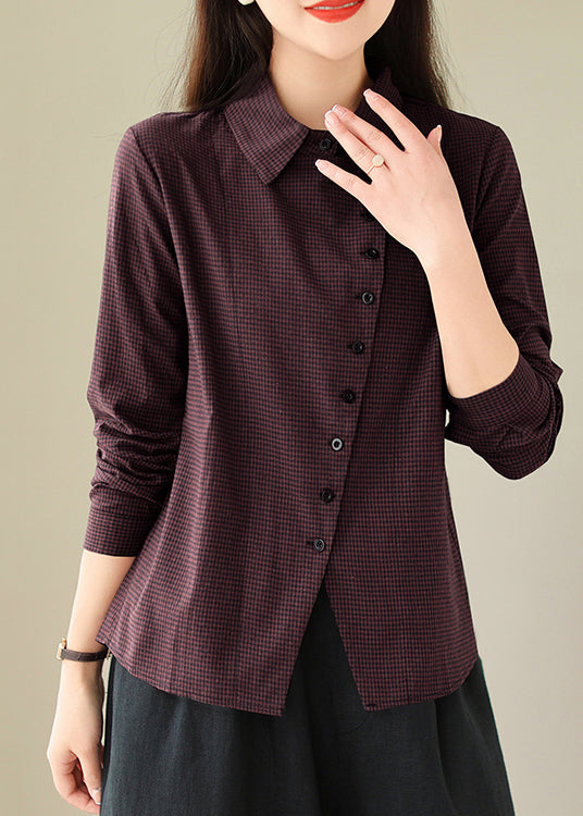 Casual Dull Red Peter Pan Collar Plaid Button Cotton Shirt Spring