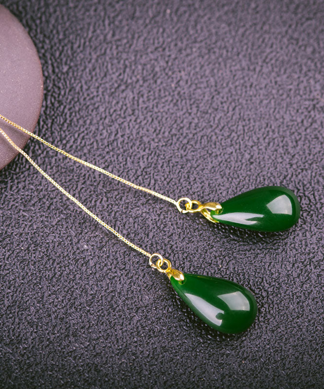 Casual Gold Sterling Silver Jade Water Drops Drop Earrings