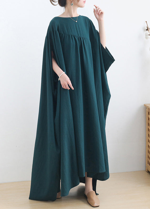 Casual Green O-Neck Asymmetrical Cotton Long Dress Short Sleeve