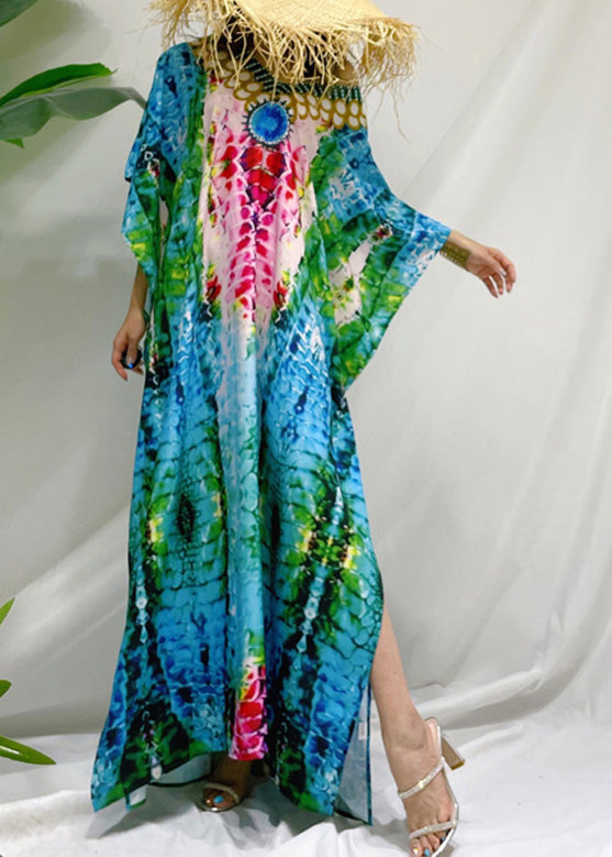 Casual Green O-Neck Print Side Open Silk Beach Long Dress Short Sleeve